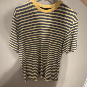 Vintage Nautica Men’s S Yellow Blue Striped Logo Crew Neck Short Sleeve T-Shirt